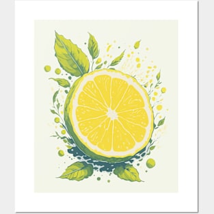 Lemon with green leaves and splashes Posters and Art